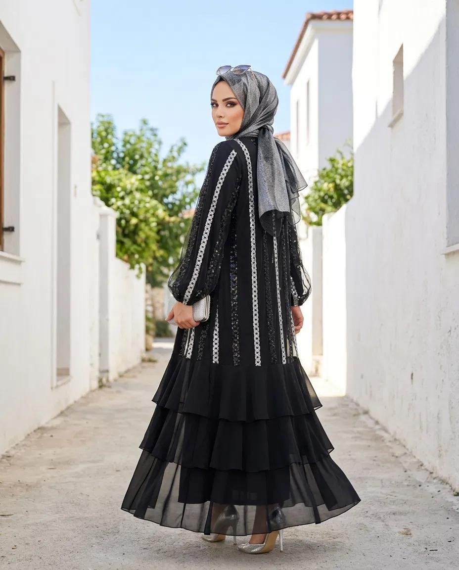 ABAYA TK ZİNCİR PUL PAYET DESENLİ KAT KAT TÜL ABAYA İÇLİK