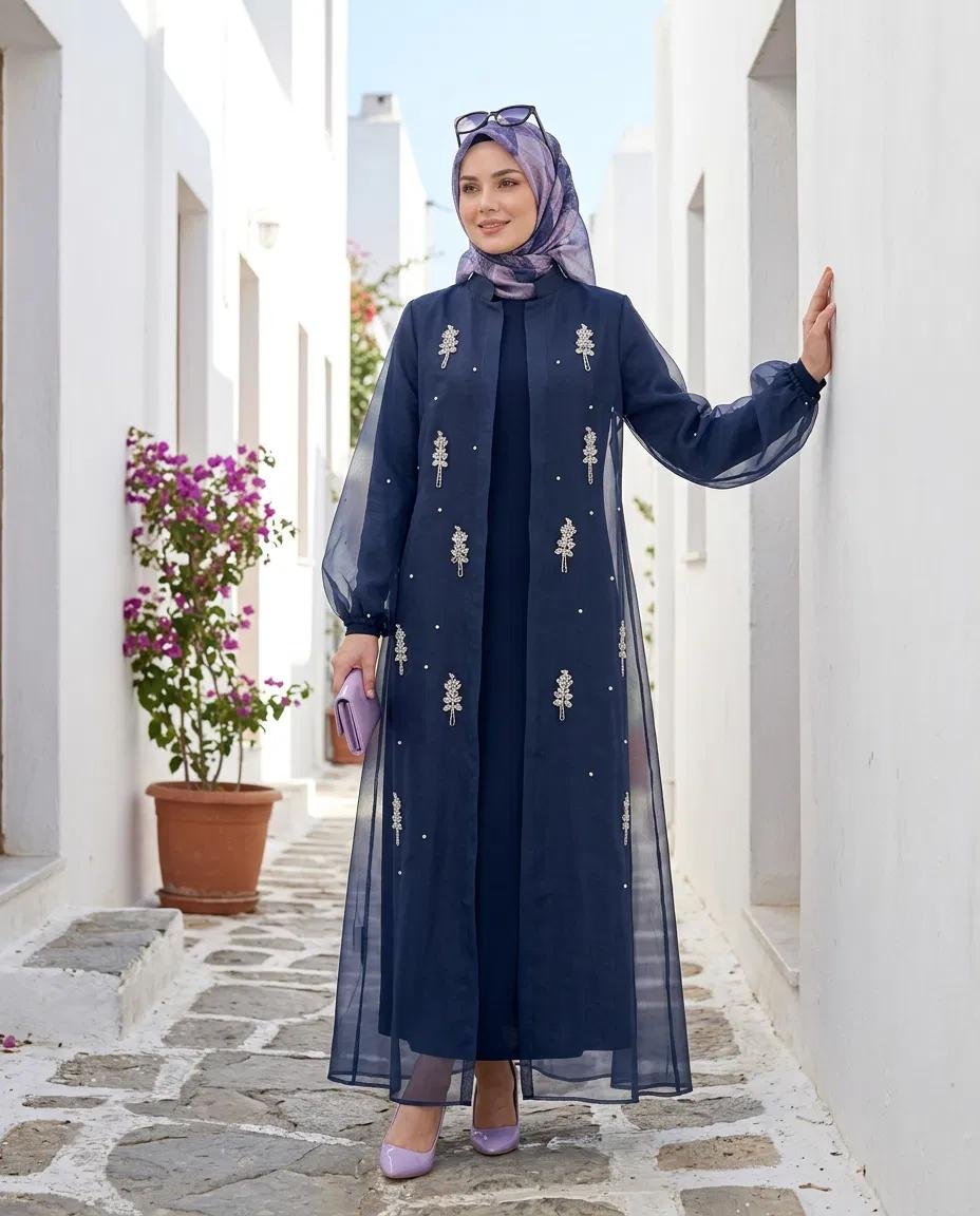ABAYA TAKIM BESN TAŞLI ORGANİZE ABAYA İÇLİK ELBİSE TAKIM - Resim 1