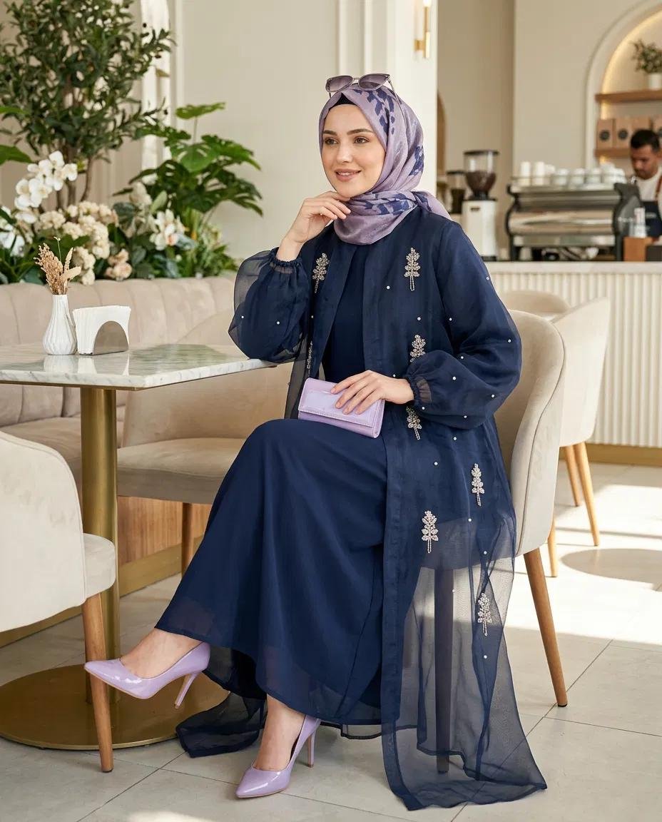ABAYA TAKIM BESN TAŞLI ORGANİZE ABAYA İÇLİK ELBİSE TAKIM - Resim 3