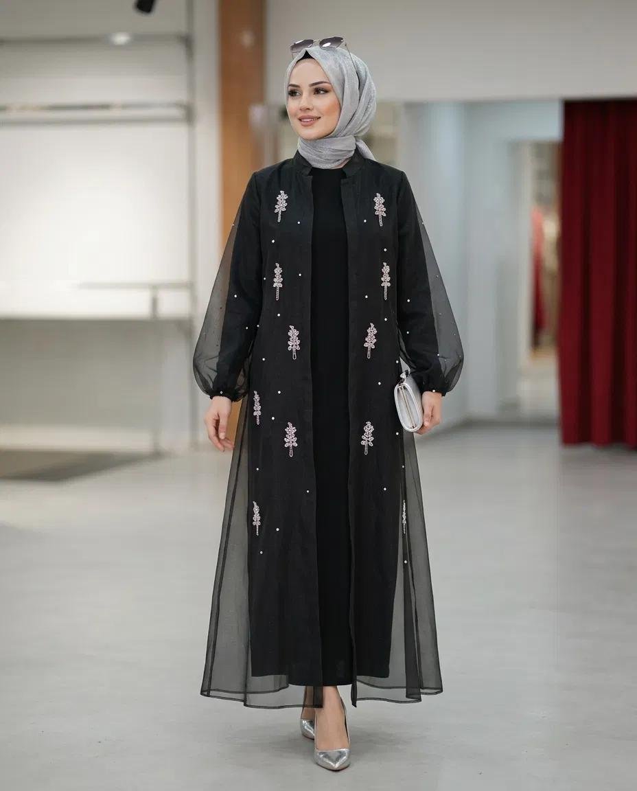 ABAYA TAKIM BESN TAŞLI ORGANİZE ABAYA İÇLİK ELBİSE TAKIM - Resim 4