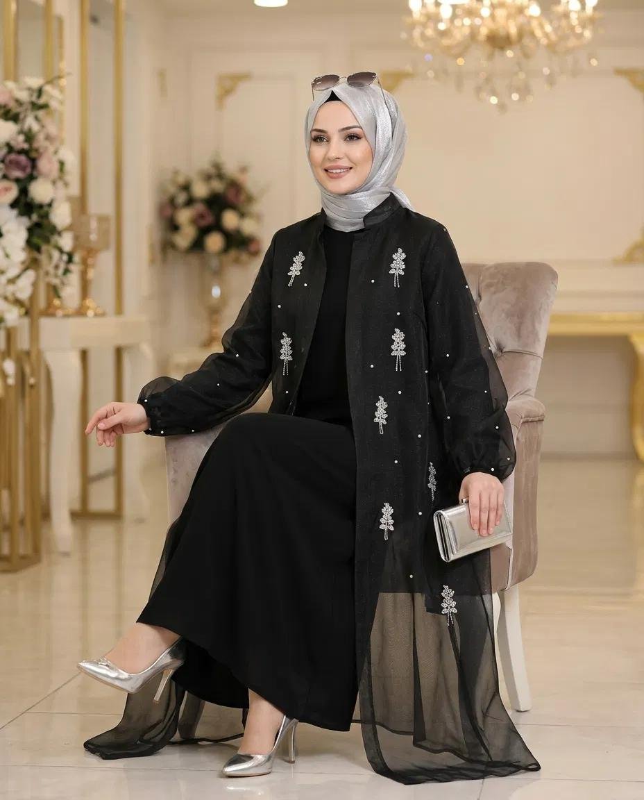 ABAYA TAKIM BESN TAŞLI ORGANİZE ABAYA İÇLİK ELBİSE TAKIM - Resim 5
