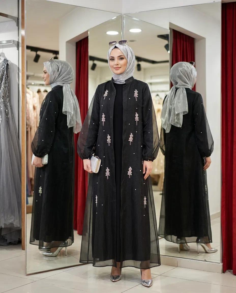 ABAYA TAKIM BESN TAŞLI ORGANİZE ABAYA İÇLİK ELBİSE TAKIM - Resim 7