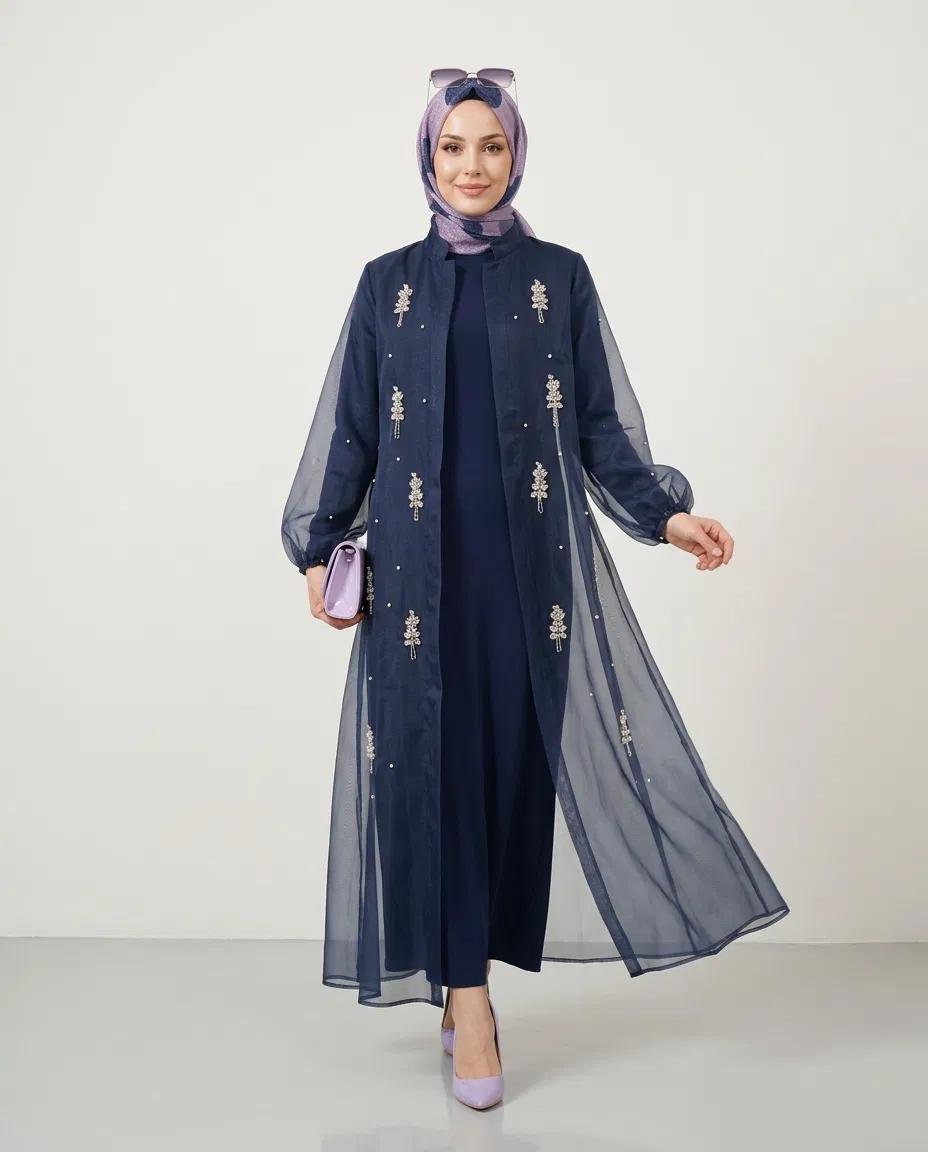 ABAYA TAKIM BESN TAŞLI ORGANİZE ABAYA İÇLİK ELBİSE TAKIM - Resim 6