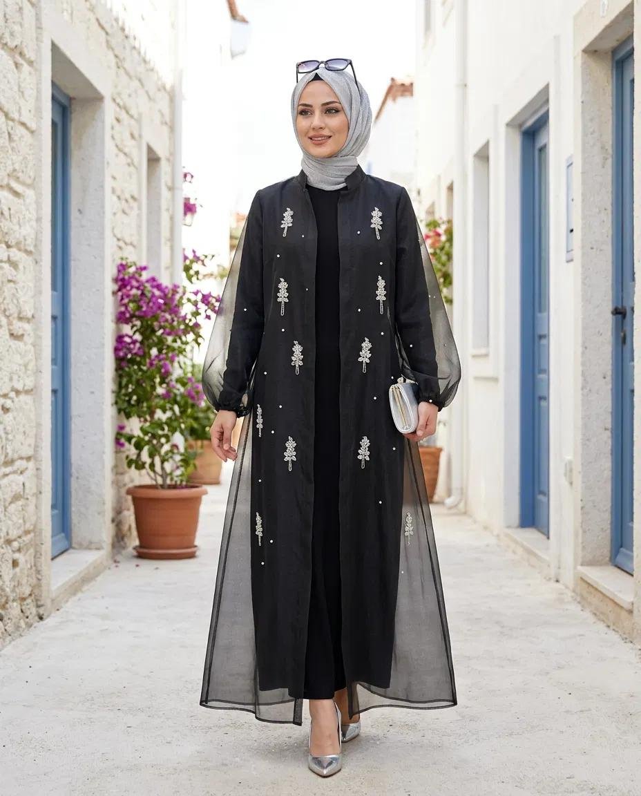 ABAYA TAKIM BESN TAŞLI ORGANİZE ABAYA İÇLİK ELBİSE TAKIM - Resim 8