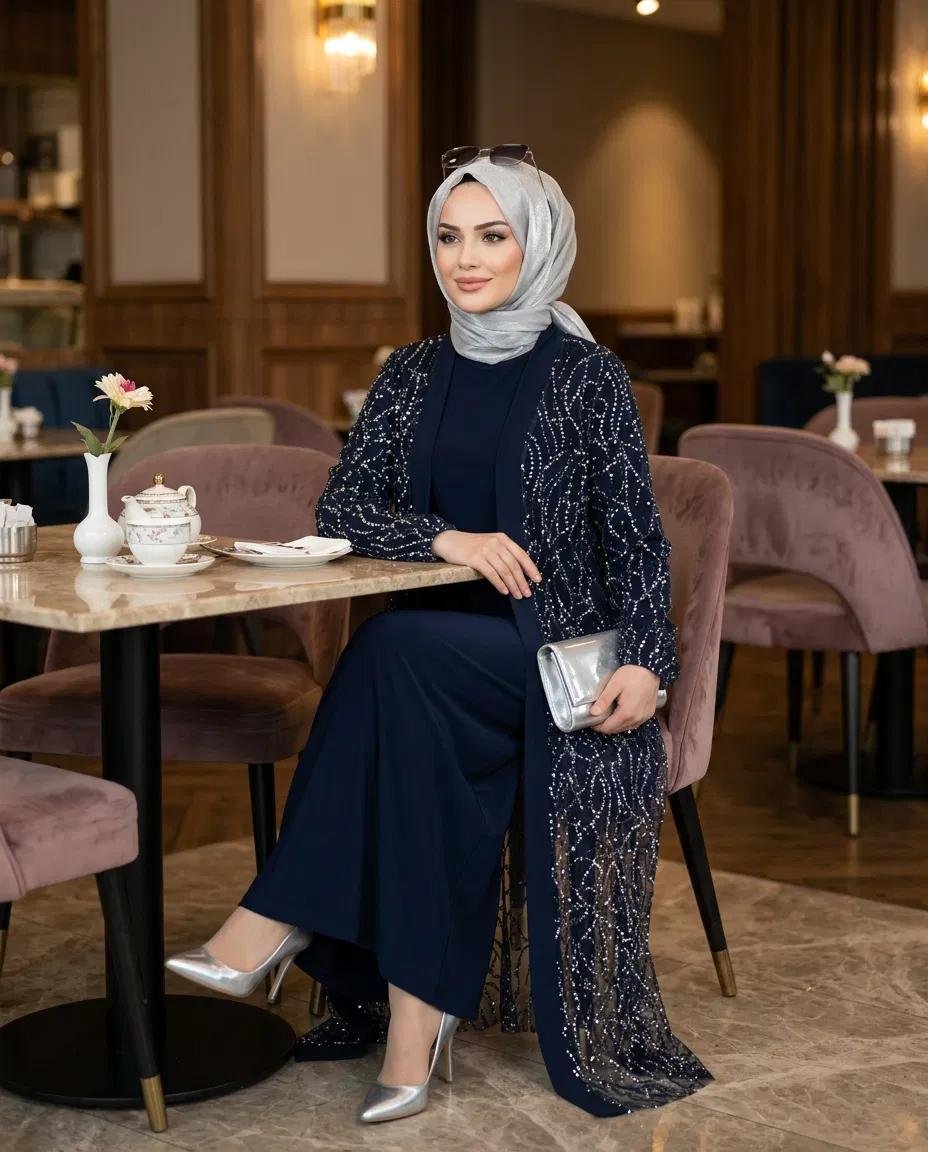 TÜL ÜZERÜ KRATER KUMAŞ ABAYA SANDY ELBİSE İKİLİ TAKIM - Resim 1