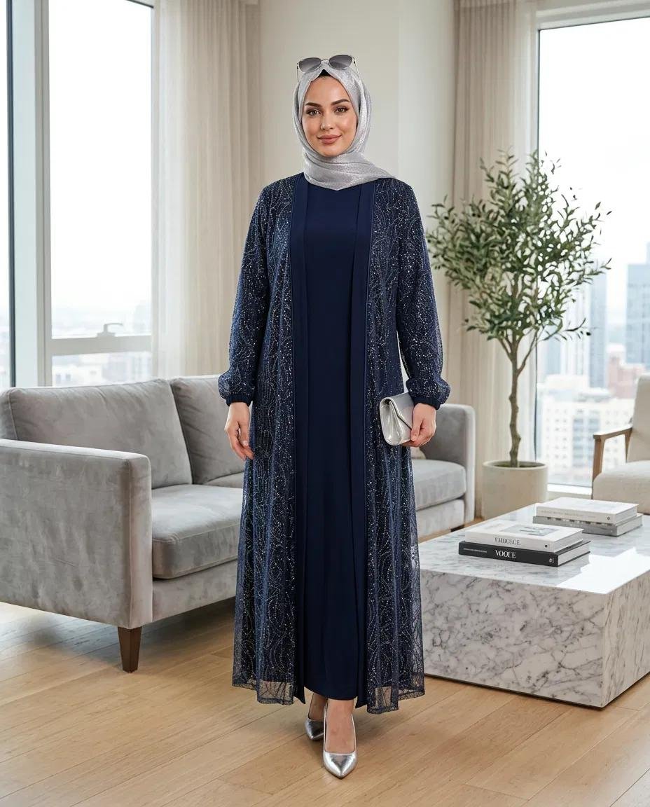 TÜL ÜZERÜ KRATER KUMAŞ ABAYA SANDY ELBİSE İKİLİ TAKIM - Resim 2
