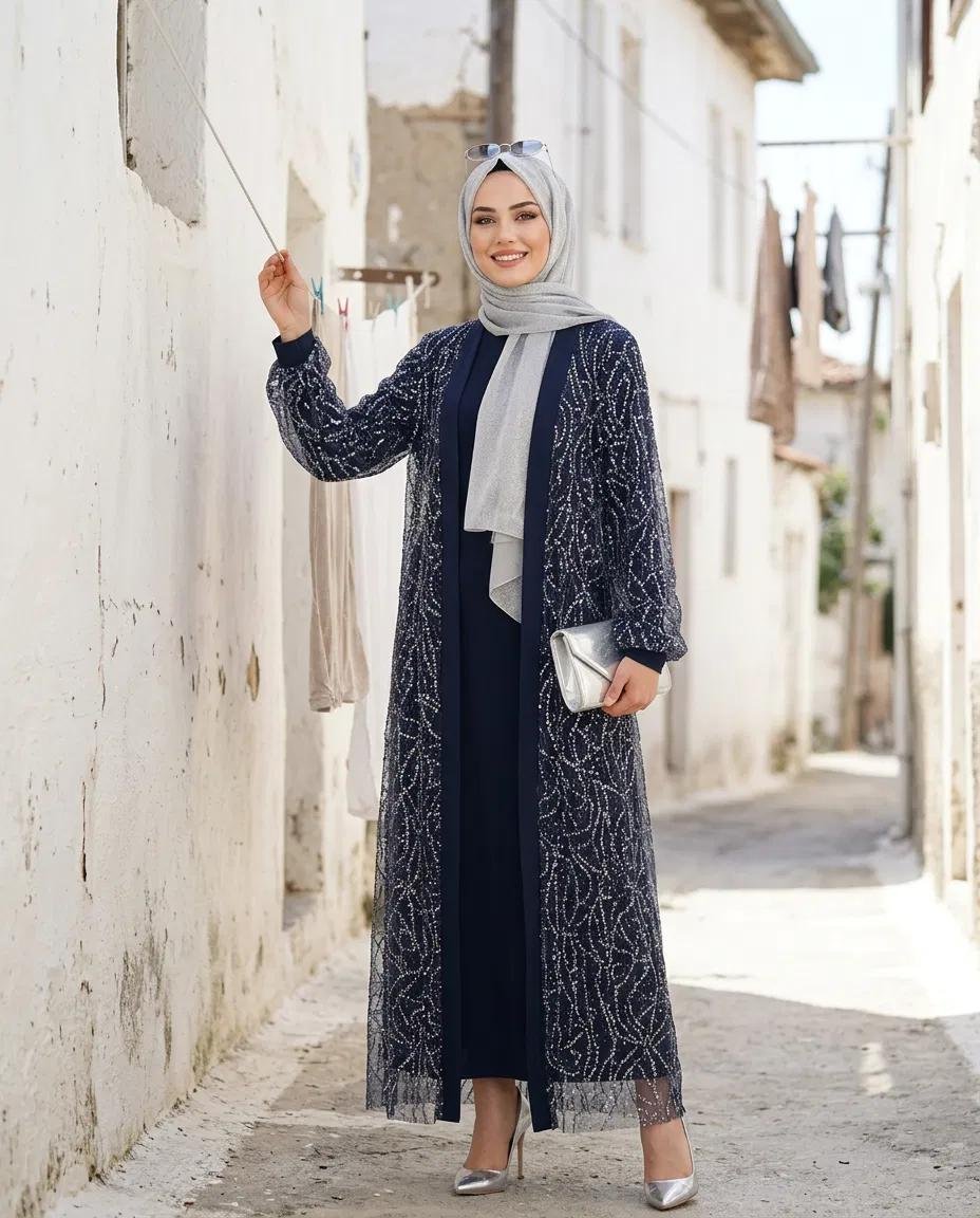 TÜL ÜZERÜ KRATER KUMAŞ ABAYA SANDY ELBİSE İKİLİ TAKIM
