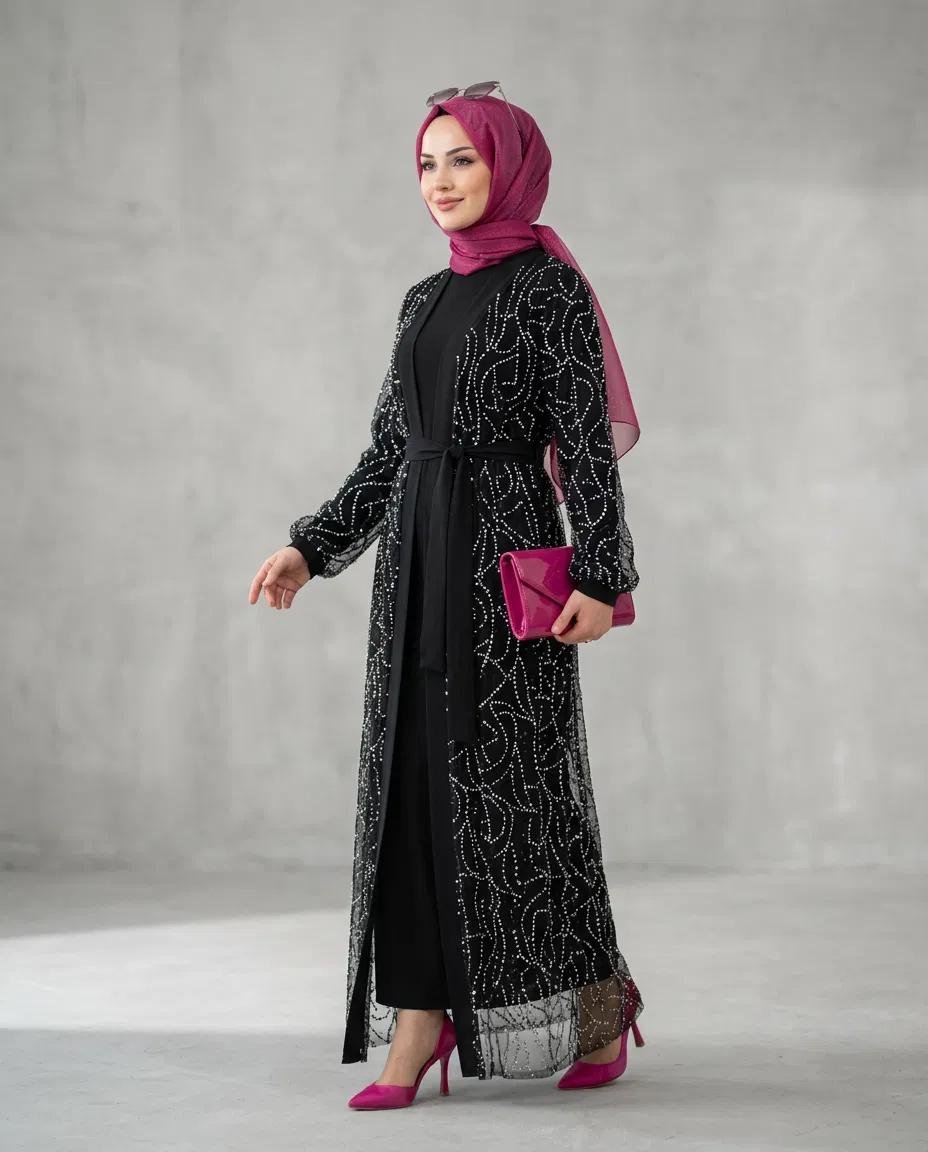 TÜL ÜZERÜ KRATER KUMAŞ ABAYA SANDY ELBİSE İKİLİ TAKIM - Resim 5