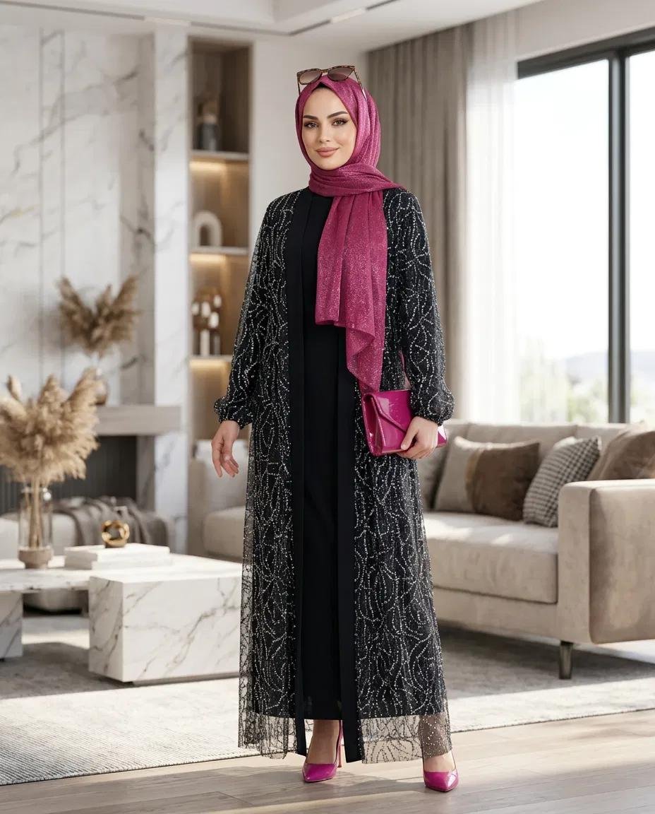 TÜL ÜZERÜ KRATER KUMAŞ ABAYA SANDY ELBİSE İKİLİ TAKIM - Resim 6
