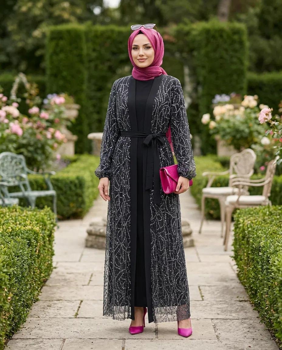TÜL ÜZERÜ KRATER KUMAŞ ABAYA SANDY ELBİSE İKİLİ TAKIM - Resim 7
