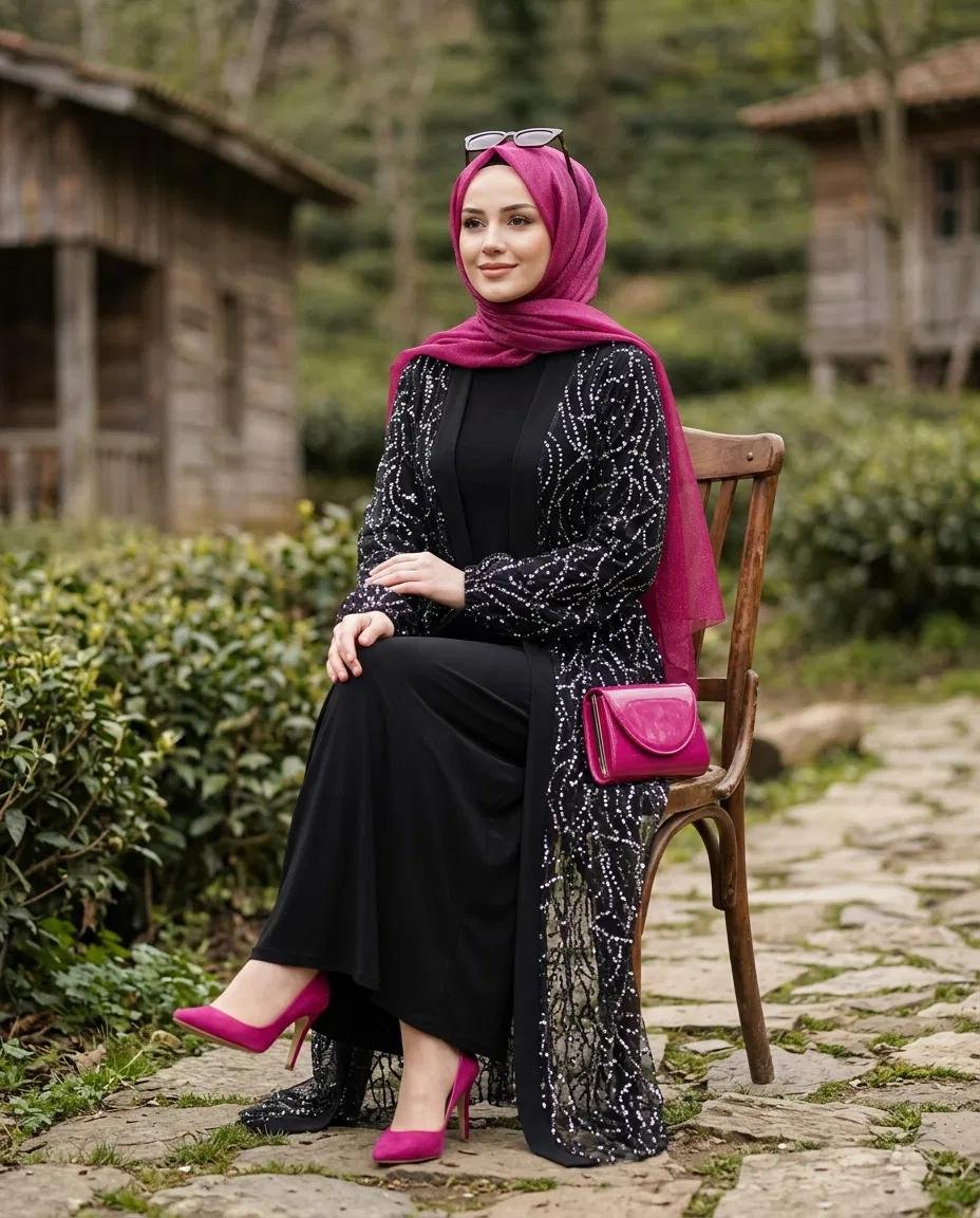 TÜL ÜZERÜ KRATER KUMAŞ ABAYA SANDY ELBİSE İKİLİ TAKIM - Resim 8