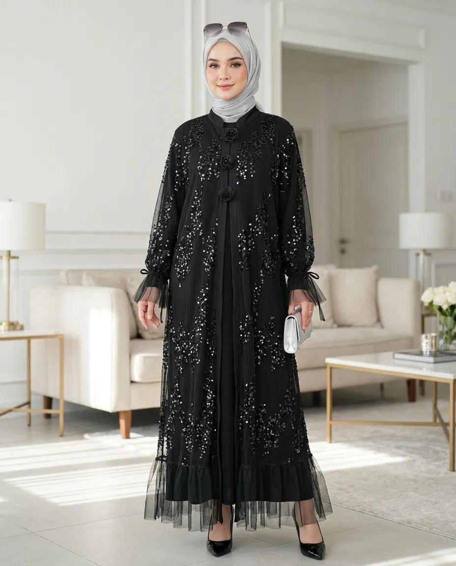 PULU PİLİSE TÜL ABAYA SANY ELBİSE İKİLİ TAKIM