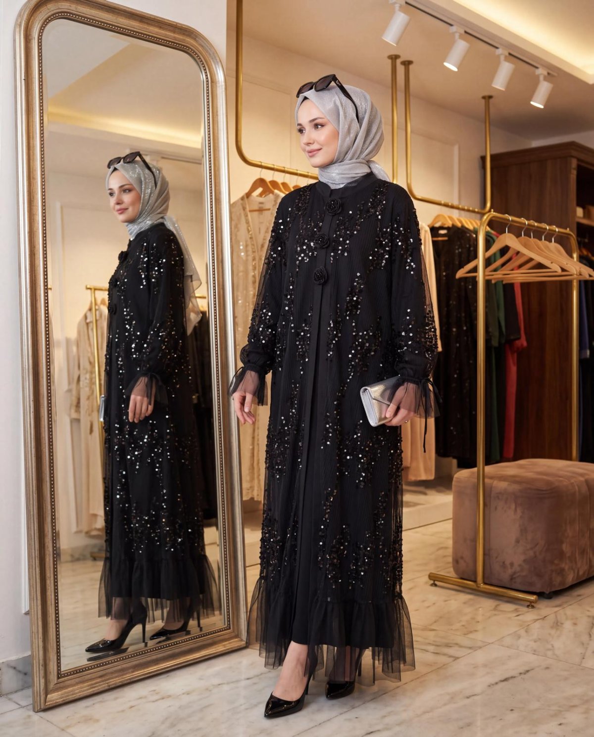 PULU PİLİSE TÜL ABAYA SANY ELBİSE İKİLİ TAKIM - Resim 3