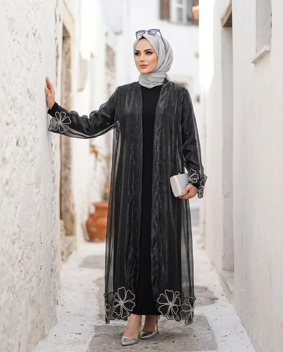 ABAYA TK PAPATYA TAŞLI ORGANİZE ABAYA SANDY ELB İKİLİ - Resim 1
