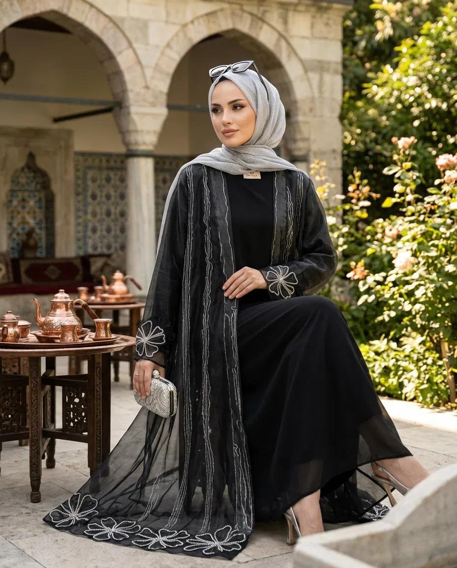 ABAYA TK PAPATYA TAŞLI ORGANİZE ABAYA SANDY ELB İKİLİ - Resim 2
